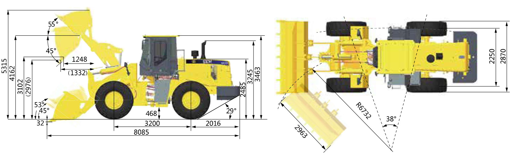 Габаритные размеры фронтального погрузчика SEM653D