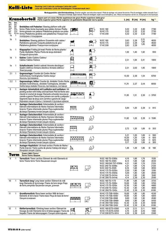 Упаковочный лист крана Liebherr 172 EC-B 8 Litronic