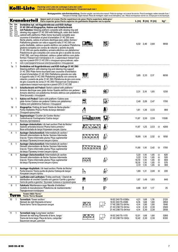 Упаковочный лист крана Liebherr 205 EC-B 10 1/2