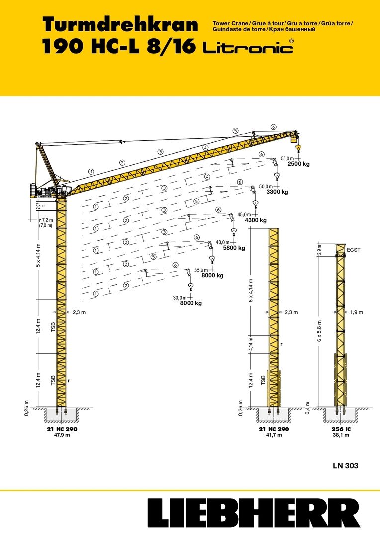 Грузовысотные характеристики башенного крана Liebherr 190 HC-L 8/16 Litronic