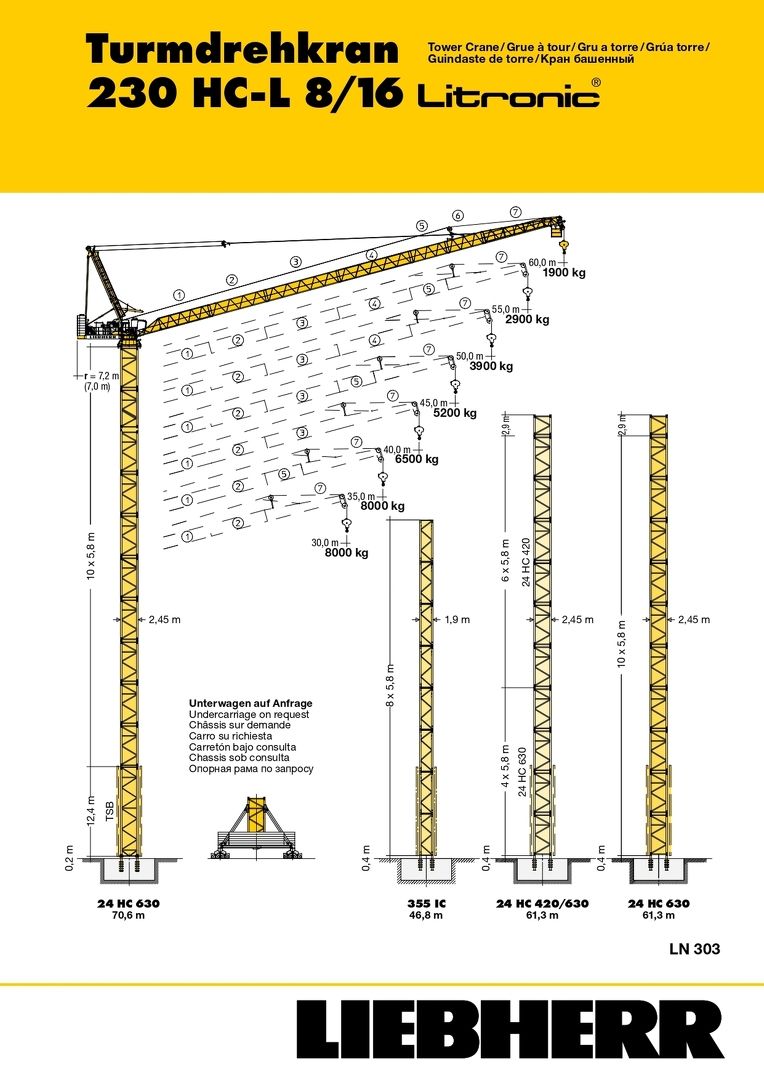 Грузовысотные характеристики башенного крана Liebherr 230 HC-L 8/16 Litronic