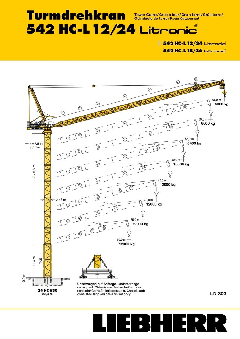 Грузовысотные характеристики башенного крана Liebherr 542 HC-L 12/24 Litronic