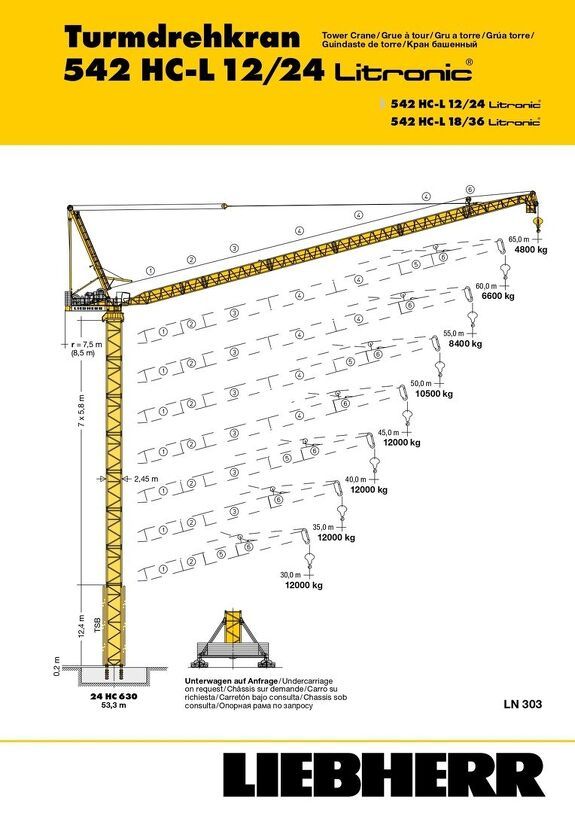 Вылет и высота подъема башенного крана Liebherr 542 HC-L 12/24 Litronic 